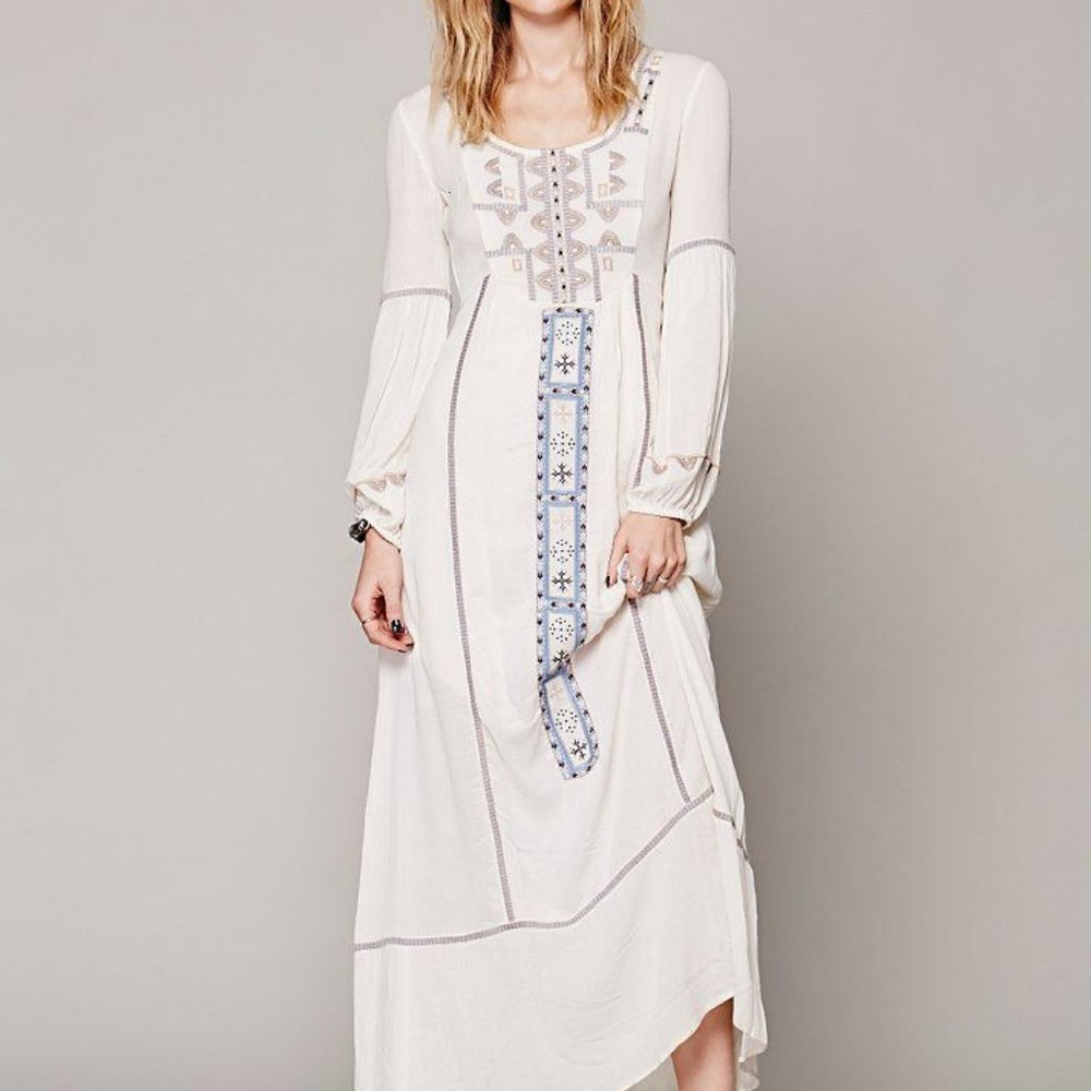 NWT Free People 6 Desert Winds Maxi Dress Embroidered Ivory Wedding Blue